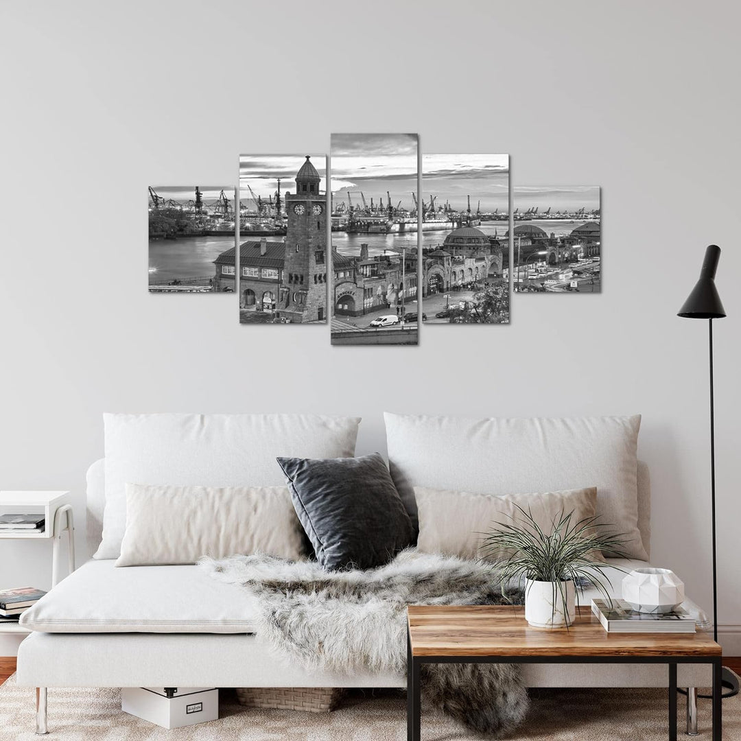 Runa Art Wandbilder Hamburg 5 Teilig Bild auf Vlies Leinwand Deko Wohnzimmer Schlafzimmer Hafen Schw