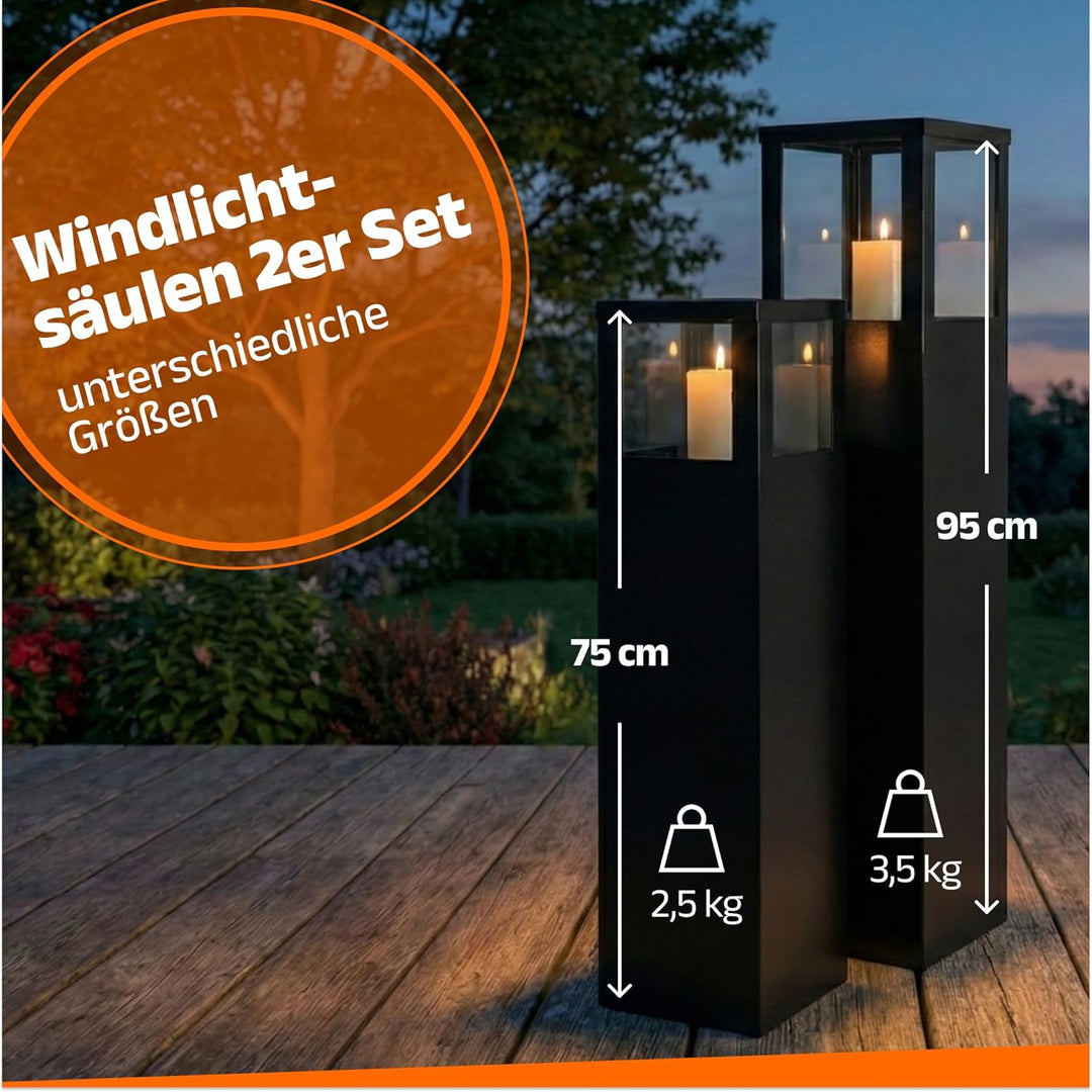 Windlichtsäule Anthrazit Design I 2er Set I Deko-Säule für Garten im Industrial Design I Garten Wind
