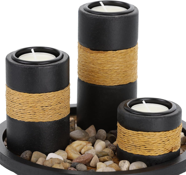 Relaxdays Teelichthalter Set mit Tablett & Steinen, Ø 19,5 cm, Tischdeko Wohn- & Esszimmer, Kerzenha