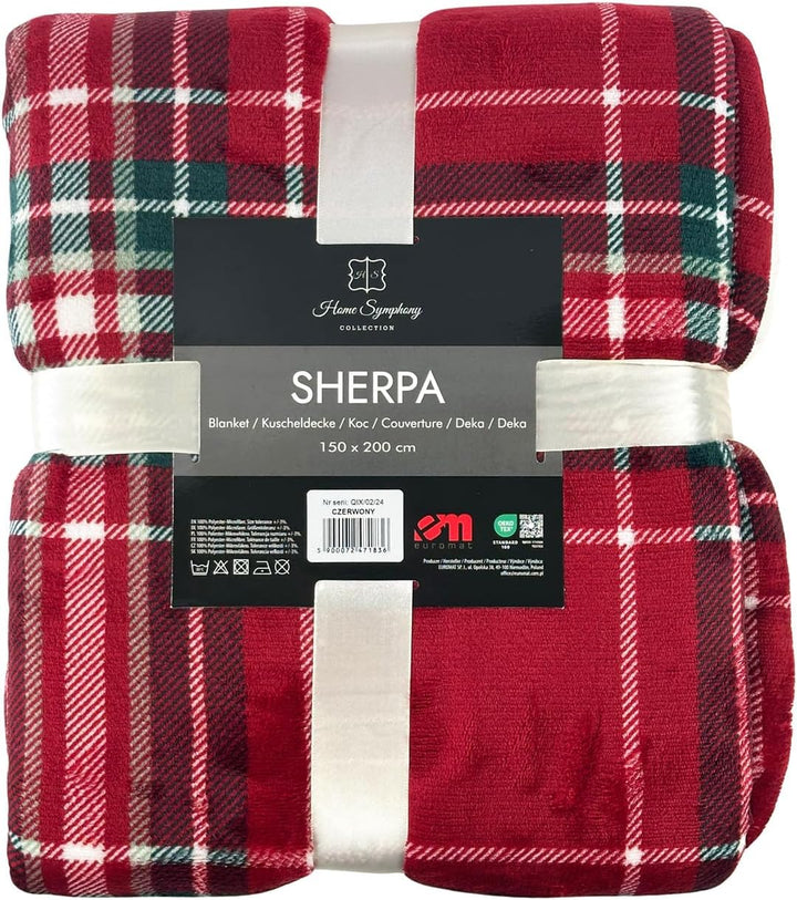 Euromat Sherpa Mikrofaserdecke, Flanell Kuscheldecke, Wohndecke, Bettüberwurf 150x200 cm (Rot Karier