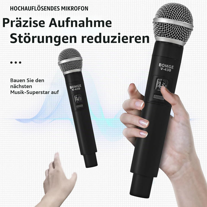 BOMGE Kabelloses Mikrofonsystem, Pro 4-K schnurloses Mikrofon-Set mit vier Handmikrofonen, Festfrequ