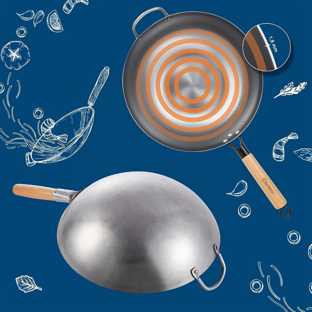 CLP Wok-Set aus Karbonstahl I Flacher oder runder Boden für Gas, Induktion und Grill I Wokpfanne mit