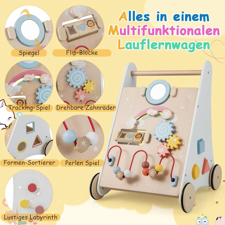 FANTASK 7 in 1 Lauflernwagen aus Holz, Lauflernhilfe mit Aufbewahrungsbox in Weiss, Montessori Baby
