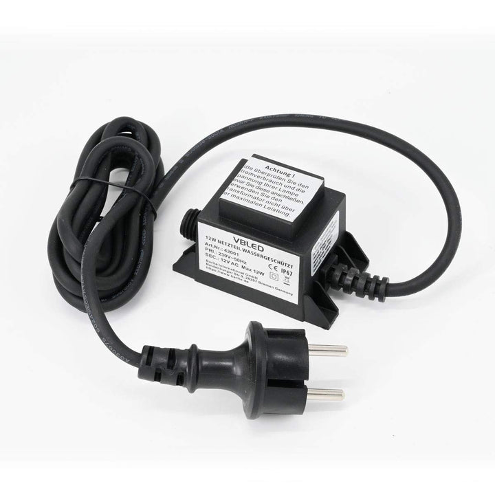 VBLED® Aussen Steckernetzteil Trafo 12V AC / 12W / IP67 für den Betrieb von Leuchten mit IP44 Stecks