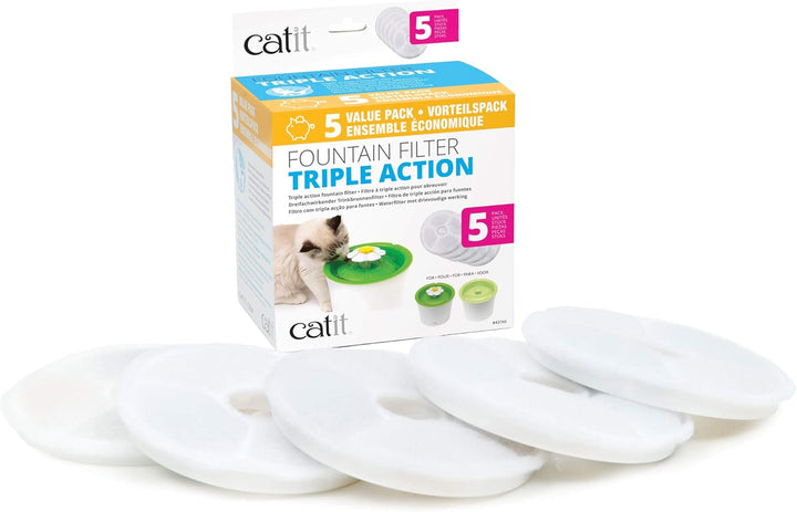 Catit Triple Action Filter, 3fach wirksamer Ersatzfilter, Trinkbrunnenfilter, 5er Pack &amp; Silikonmatt
