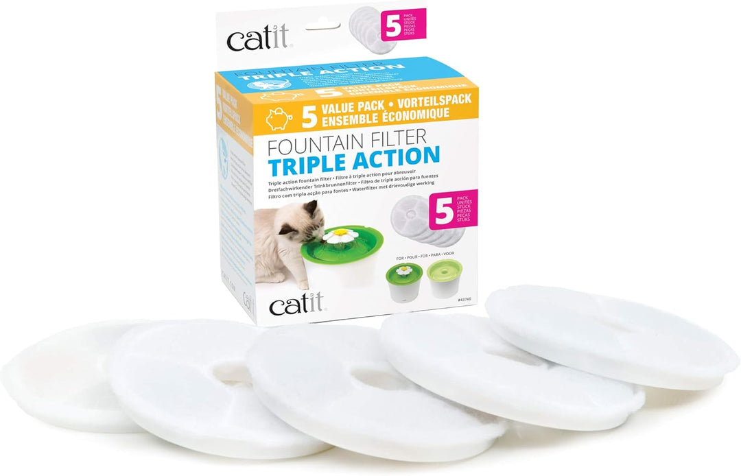 Catit Triple Action Filter, 3fach wirksamer Ersatzfilter, Trinkbrunnenfilter, 5er Pack & Silikonmatt