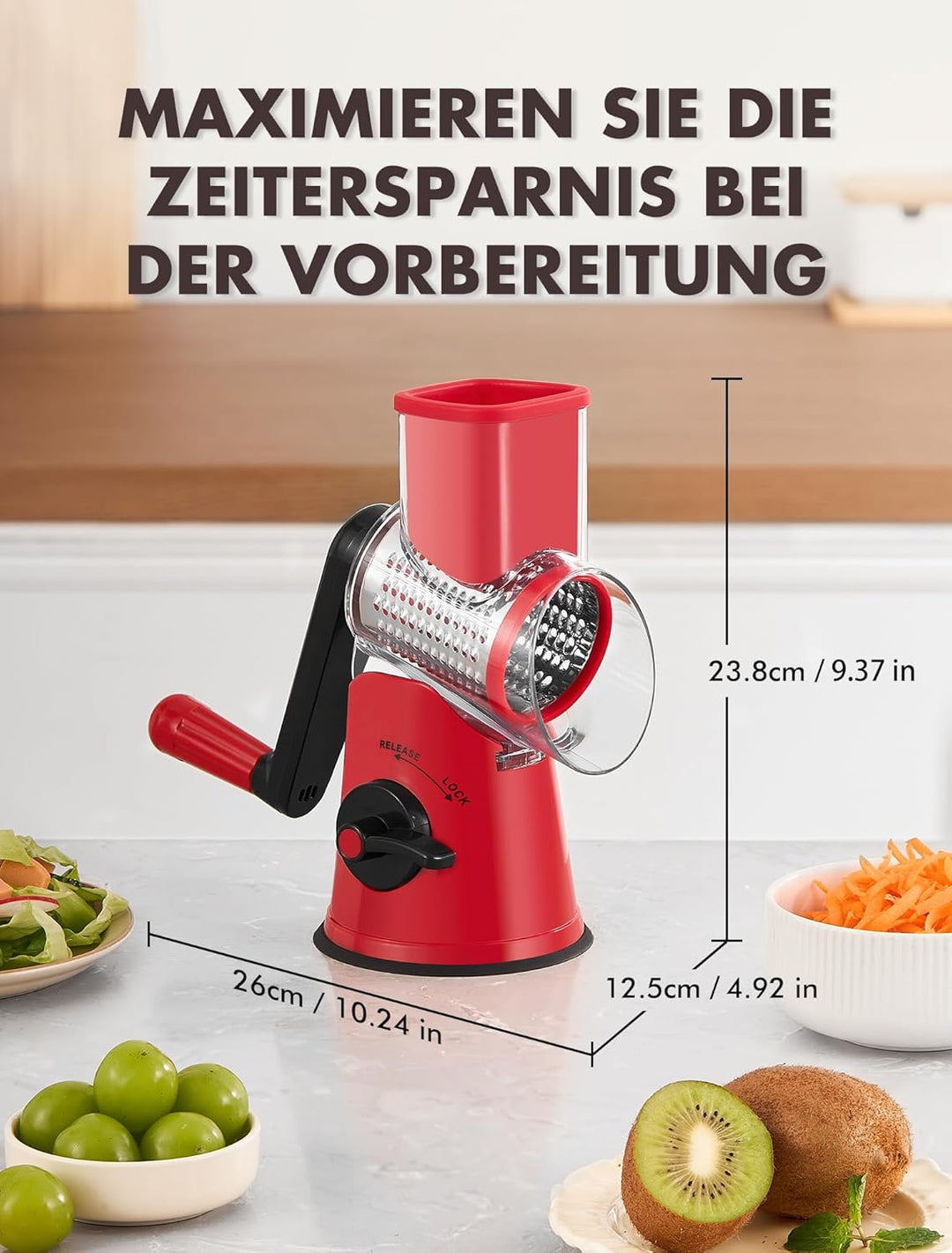 GDL Käsereibe mit Kurbel, Aktualisiert Reibe für Gemüse mit 5 Trommelblättern, Trommelreibe Gemüsesc