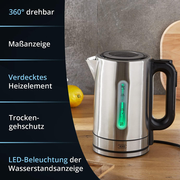 KHG Wasserkocher WK-1703 ES Edelstahl, 1,7 Liter, 5 Temperaturstufen 50-100°C, Kalkfilter, Wassersta