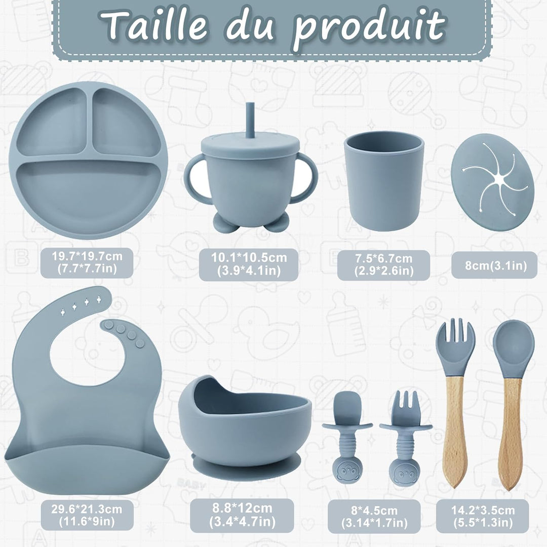 Baby Geschirrset,12er Set Kindergeschirr, Babylöffel,Trinklernbecher,Silikon Lätzchen,Baby Teller Ki