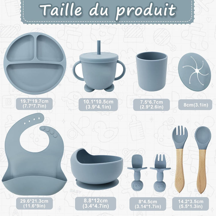 Baby Geschirrset,12er Set Kindergeschirr, Babylöffel,Trinklernbecher,Silikon Lätzchen,Baby Teller Ki