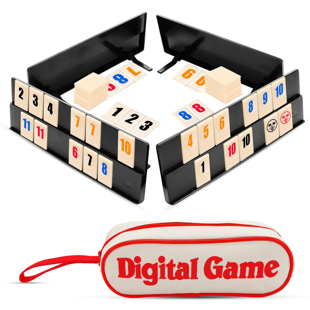 Rummy Spiel, Rummy Reisespiel Set mit 1 Aufbewahrungstasche 4 Stände 108 Spielsteinen, Klassische Tr
