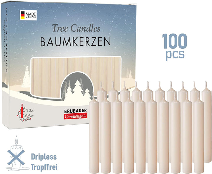 BRUBAKER 100er Pack Baumkerzen Wachs - Weihnachtskerzen Pyramidenkerzen Christbaumkerzen - Champagne