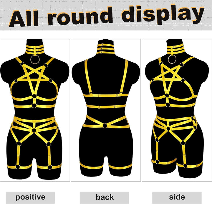 Damen Body Harness Pentagramm BH Set Punk Strumpfband Bein Taille Tanz Elastic Gothic Carnival Zubeh