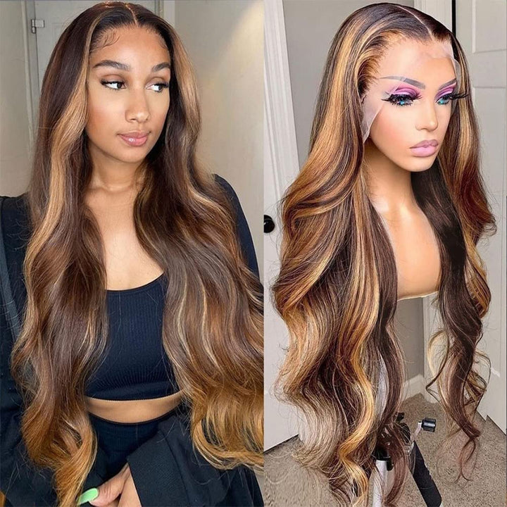 Highlight Lace Front Wig Human Hair Ombre 13X4 P4/27 Colored Honey Blonde Lace Front Wigs For Women