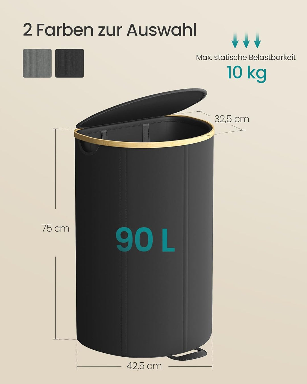 SONGMICS Wäschekorb, Wäschesammler, 90 Liter, Wäschetonne mit Deckel, Wäschesack herausnehmbar, für