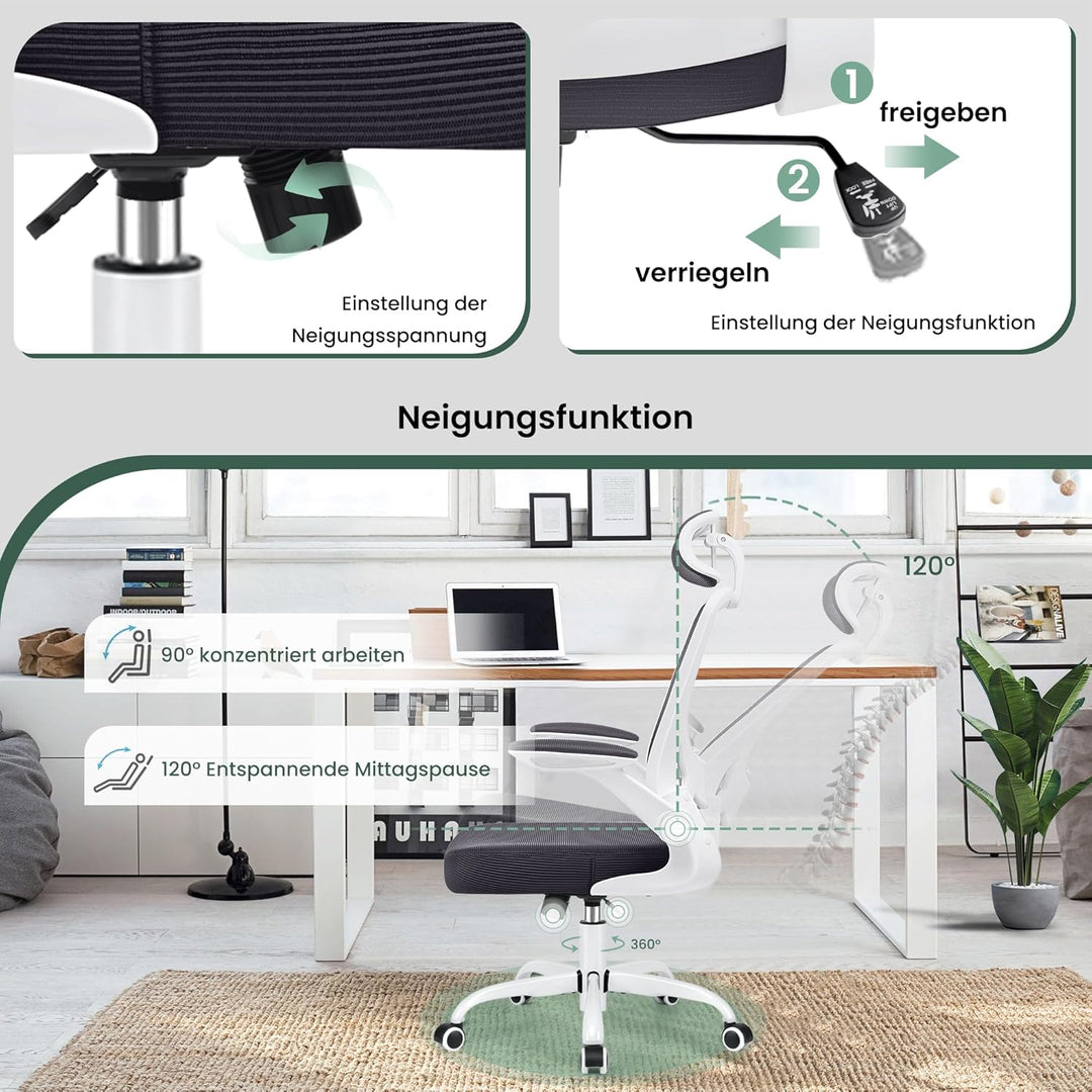 KERDOM Bürostuhl Schreibtischstuhl Ergonomisch, Chefsessel mit Verstellbarer Kopfstütze, Armlehnen,