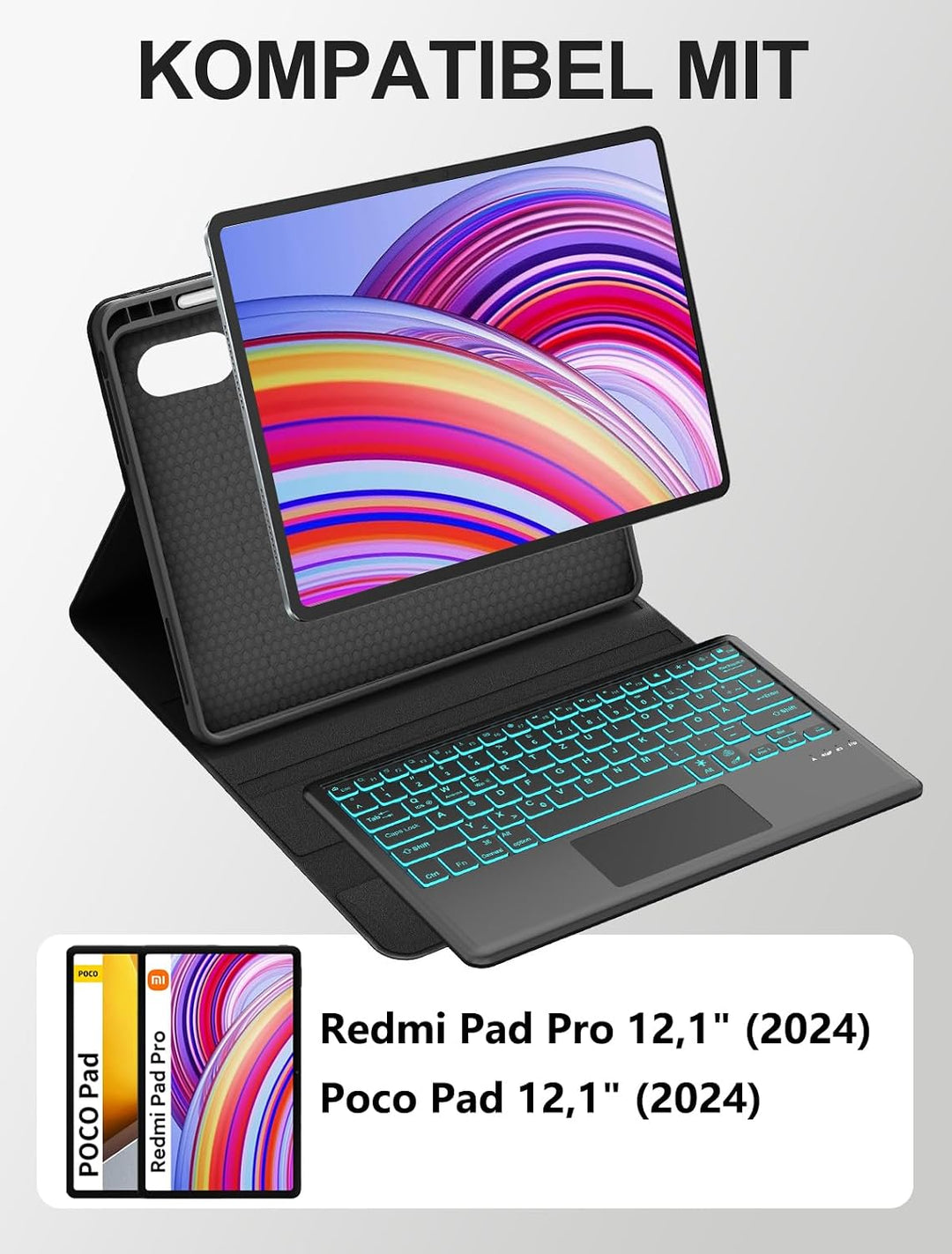 JADEMALL Schutzhülle mit Tastatur für Xiaomi Redmi Pad Pro 12,1" (2024) & Poco Pad 12,1" (2024) - DE