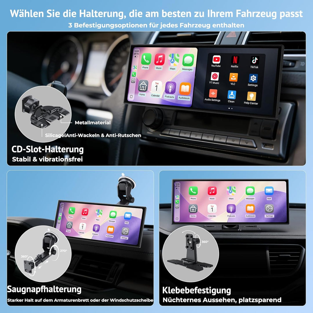 11,26" Wireless CarPlay Bildschirm,Tragbarer CarPlay & Android Auto Display,1080P Rückfahrkamera,Spl