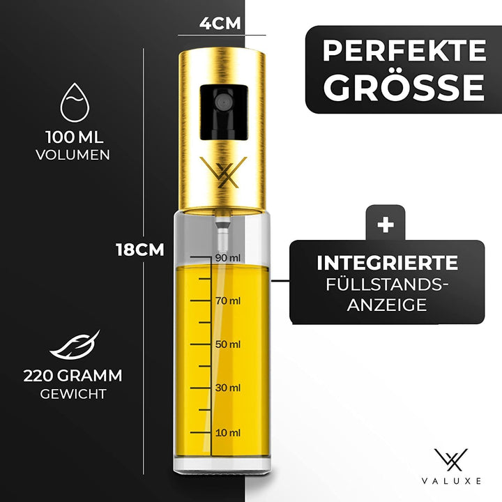 VALUXE® Premium Ölsprüher Gold – Das ORIGINAL - Extrem präzise Öl-Sprühflasche aus Edelstahl und Gla