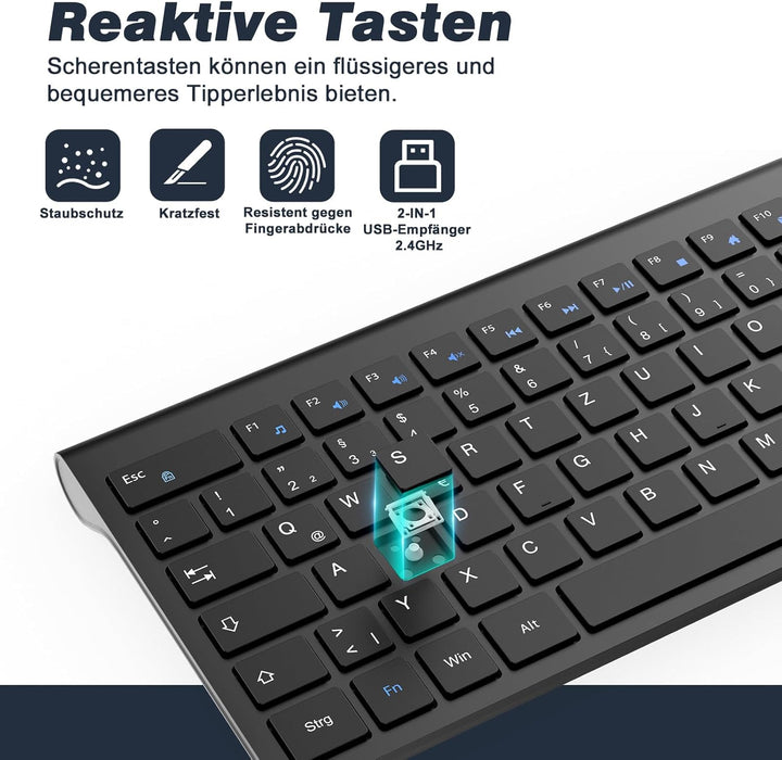 cimetech Tastatur Maus Set Kabellos, Ultra-Dünne Wiederaufladbare Kabellose Tastatur und Maus Ergono