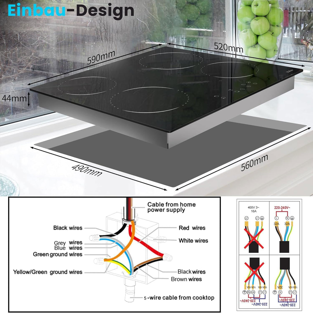 Glaskeramikkochfeld 4 Zonen Kochfelder Sensor-touch Control Kochfeld Autark 60cm, 6000W, 9 Leistungs