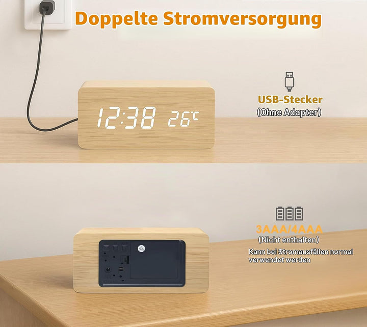 iTOMA Kleiner Holz-Wecker mit 3 Alarmen, manuellem Dimmer, 12-/24-Stunden-Format und weisser LED-Anz