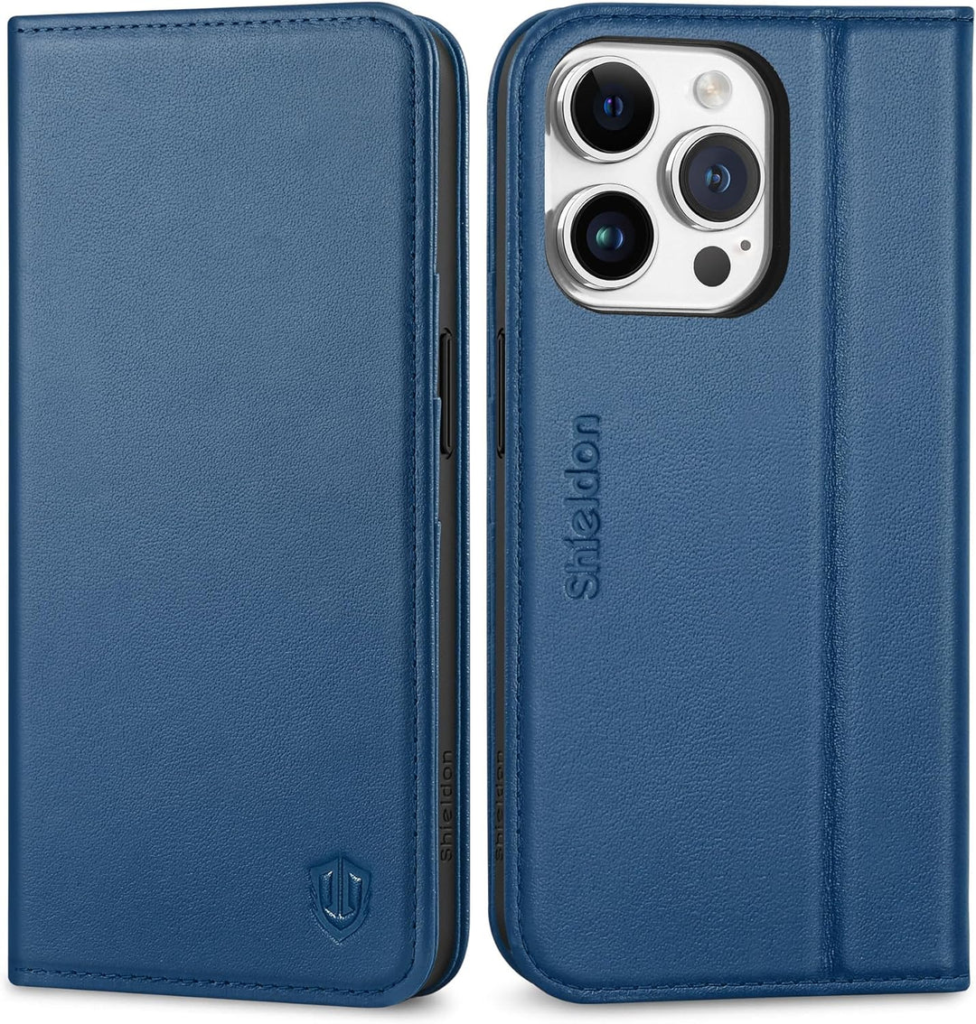 SHIELDON Hülle für iPhone 15 Pro, Schutzhülle [Rindsleder] [Stossfest] [Standfunktion] [Kartenfach]