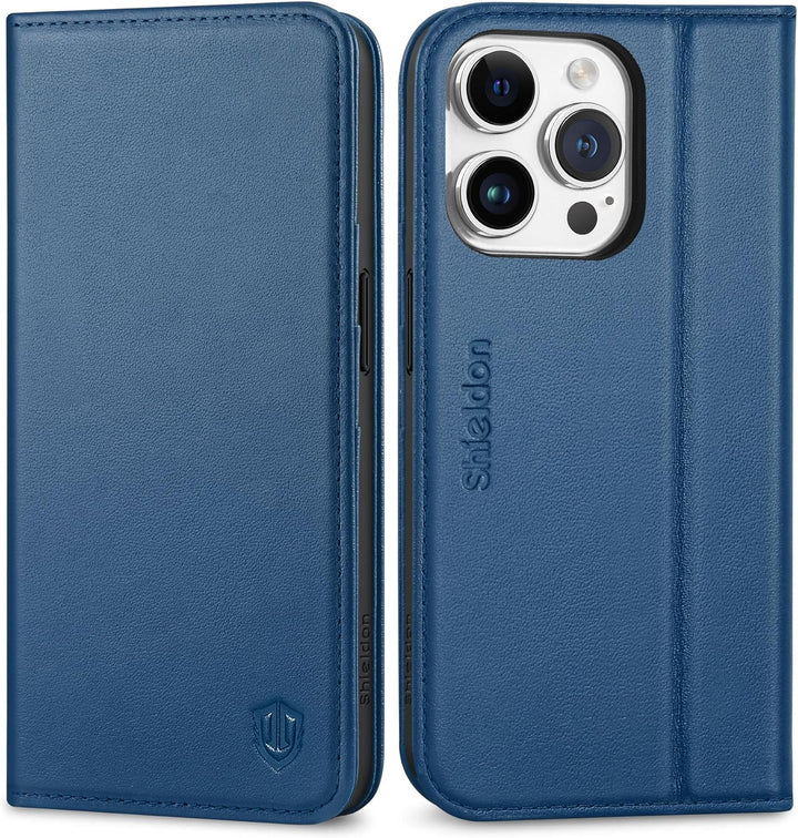 SHIELDON Hülle für iPhone 15 Pro, Schutzhülle [Rindsleder] [Stossfest] [Standfunktion] [Kartenfach]