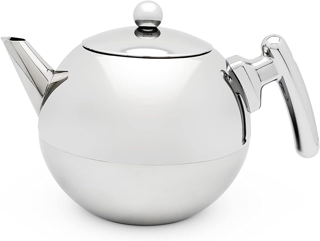 doppelwandige glänzende bauchige Edelstahl Teekanne mit flachem Boden 1.2 Liter 145x236x160 mm Chrom