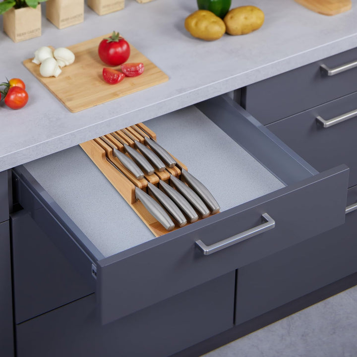 Relaxdays Messerhalter Schublade, für 9 Messer & Wetzstahl, Bambus Messerblock liegend, HxBxT: 5,5 x