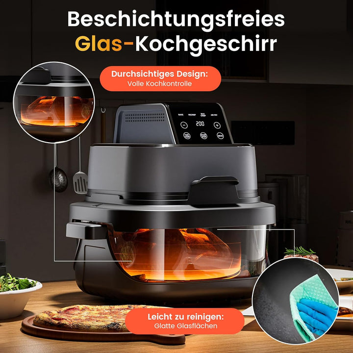 GTPLAYER Airfryer, Multifunktionale Heissluftfritteuse 4 Liter mit mit Easy-View-Fenster, Glasbehält