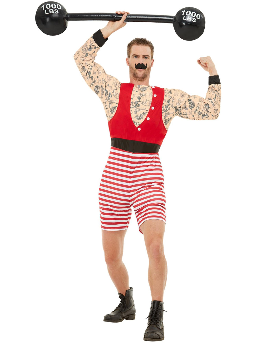 Deluxe Strongman Costume, Red & White, with Short Jumpsuit & Moustache, (M) 38-40 Rot / Weiss, 38-40