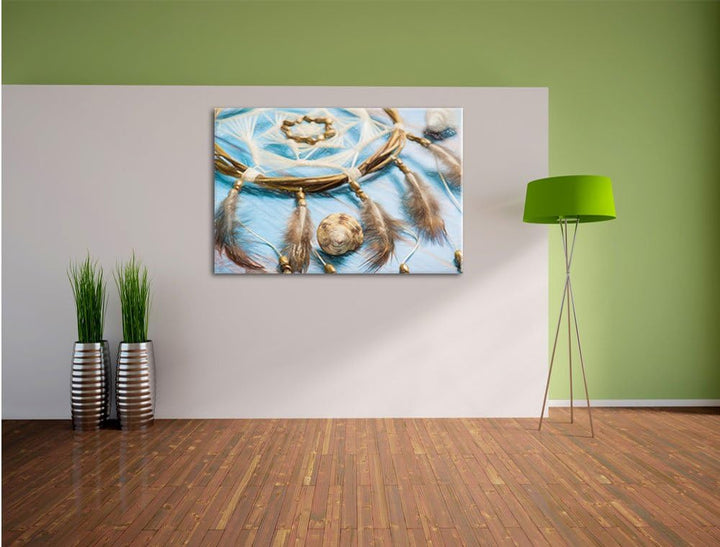 Pixxprint Traumfänger mit Federn als Leinwandbild/Grösse: 100x70 cm/Wandbild/Kunstdruck/fertig bespa