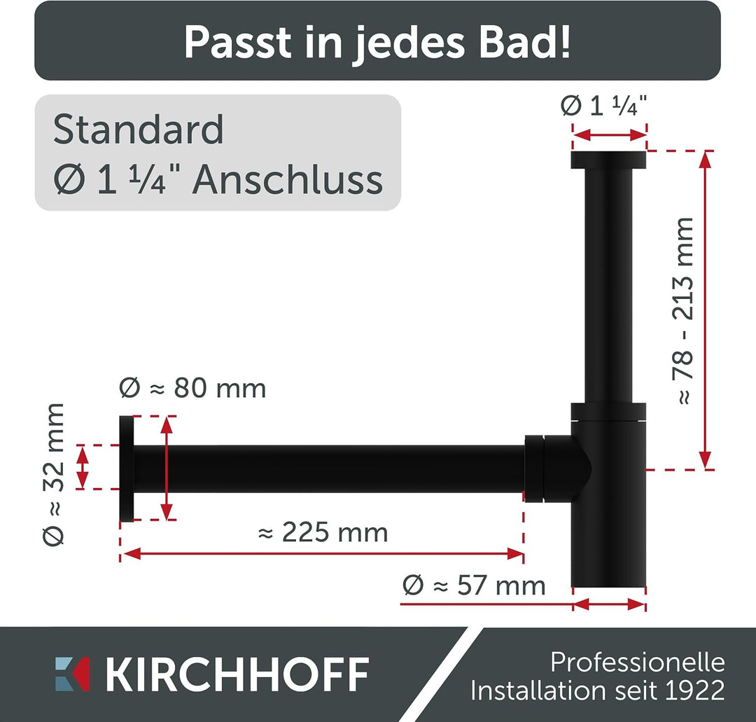 KIRCHHOFF Design Siphon, Matt Schwarzer Abfluss, Ablaufgarnitur für Waschbecken und Waschtisch, Geru
