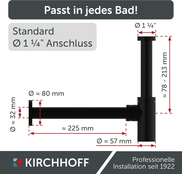 KIRCHHOFF Design Siphon, Matt Schwarzer Abfluss, Ablaufgarnitur für Waschbecken und Waschtisch, Geru