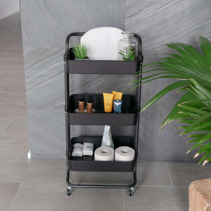 INTIRILIFE Rollwagen mit 3 Ebenen in Schwarz - 42 x 37 x 85.5 cm - Servierwagen mit Griff Aufbewahru