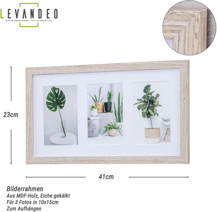 levandeo Bilderrahmen Collage 3 Fotos 10x15cm Eiche Gekälkt Natur MDF Holz Passepartout Glasscheibe