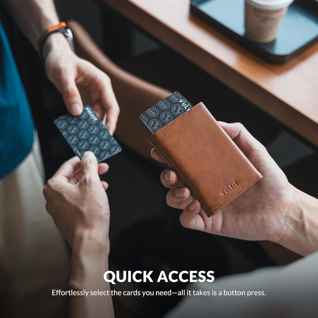 VULKIT Kreditkartenetui RFID-blockierende Pop-Up-Kartentasche aus Echtem Leder mit Geldscheinfach, A