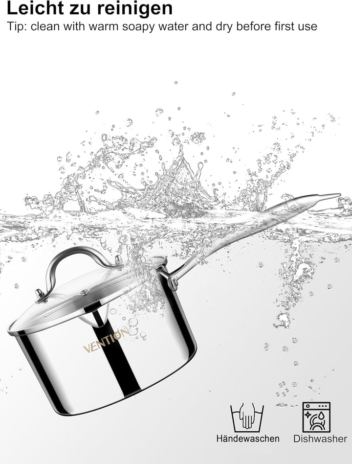 VENTION Stielkasserolle Induktion, Kochtopf Klein mit Deckel 14 cm, 1 Liter Stieltopf mit Ausgiesser