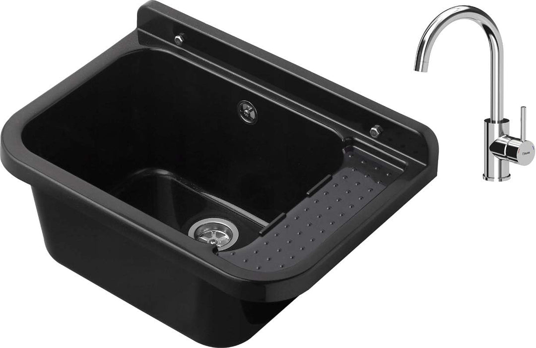 VBChome Ausgussbecken mit Armatur 50 x 34 x 21 cm Schwarz Armatur Chrom Spülbecken Waschtrog mit Übe