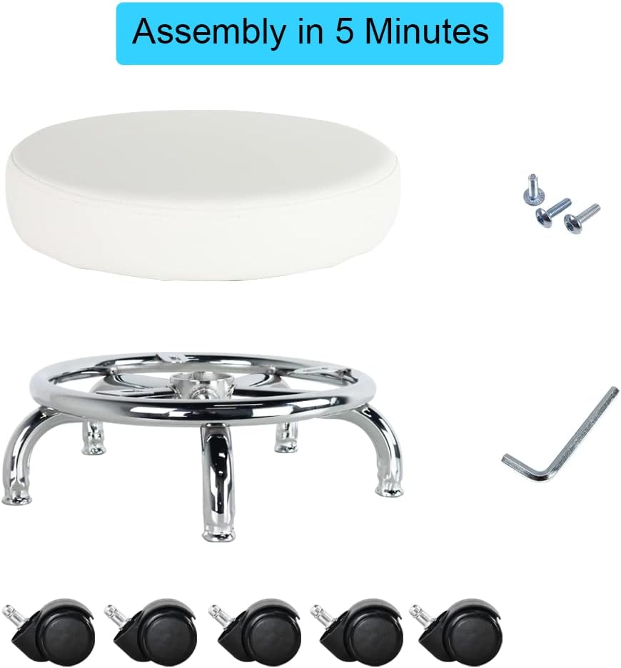 WKWKER Rollsitz PU Leder Low Round Rollhocker Kleiner Hocker mit Universal Drehrollen Rollen für Hom