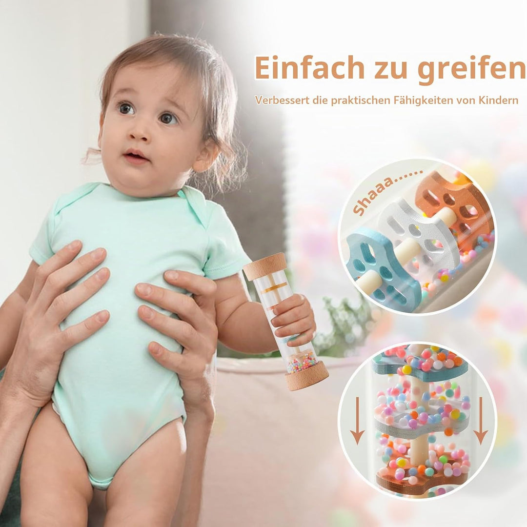 WOODEN TEETHER Regenmacher Rassel Baby – Holz Musikspielzeug mit Beruhigendem Regenklang, Sensorisch