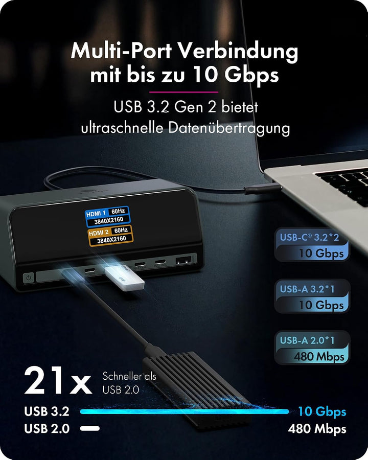 ICY BOX (11-in-1) USB-C Docking Station, Dual 4K HDMI, LCD Display, (USB 3.2 Gen 2), (2X HDMI 4K), (