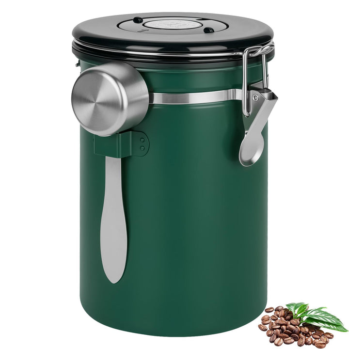 Kaffeedose Luftdicht mit Deckel, 1.8 L Kaffeebohnen Behälter aus Edelstahl mit Auslassventil, Messlö