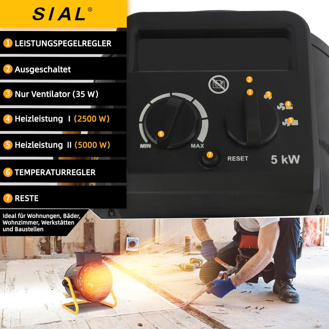 SIAL Industriell Heizlüfter 5000W - Elektrische Heizung - Heizstrahler Bauheizer - Heizgebläse Für G