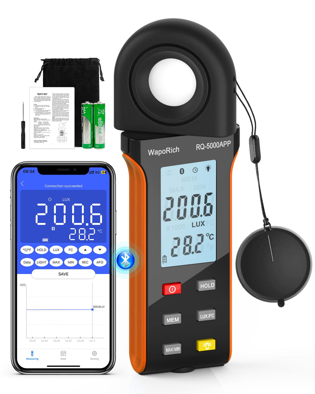 Luxmeter Bluetooth Lichtmessgerät, WapoRich Digital Light Meter Belichtungsmesser Misst 1~400,000Lux