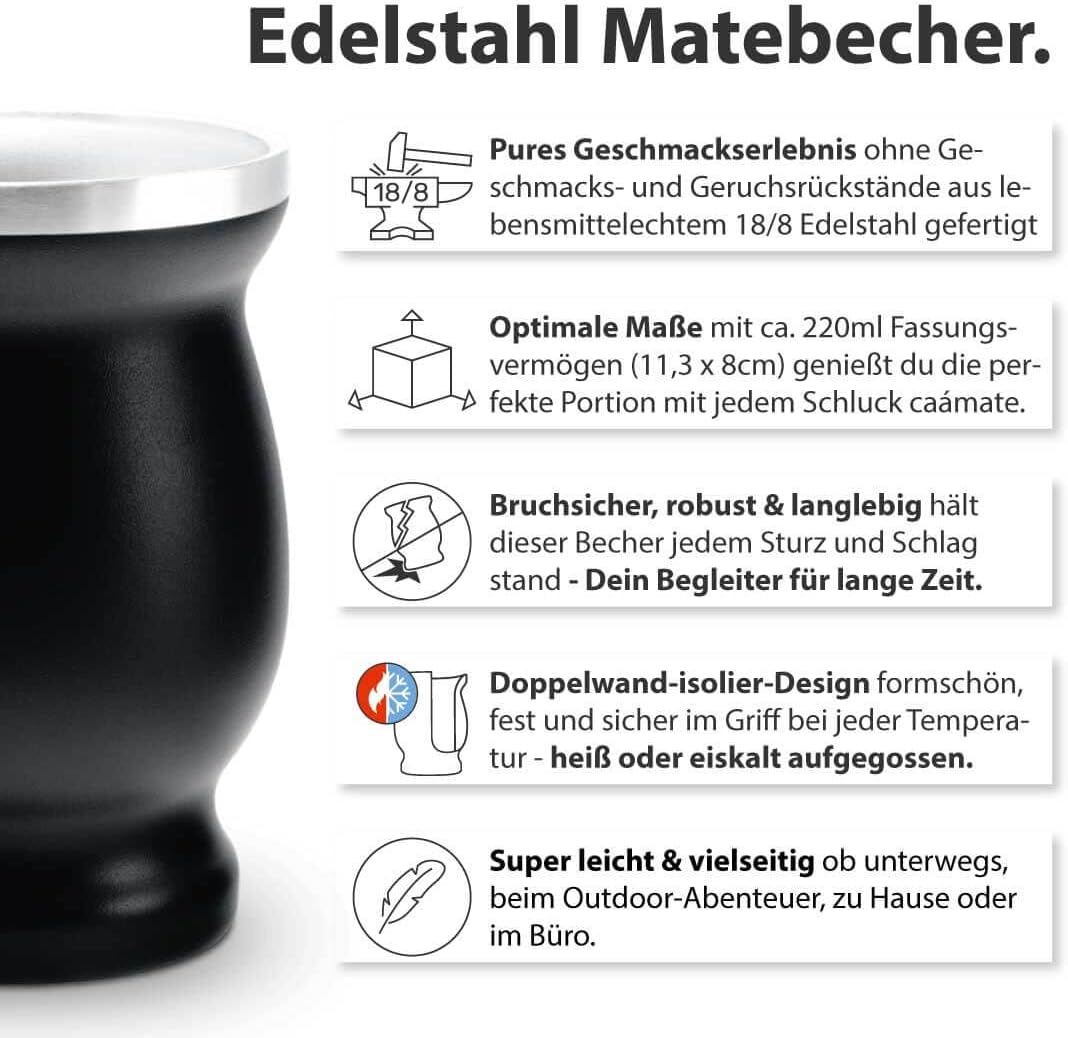 Mate Tee Set Bio ● 3 Matesorten + 2 doppelwandige Edelstahl Matebecher + 2 Bombillas + Zubereitungsa
