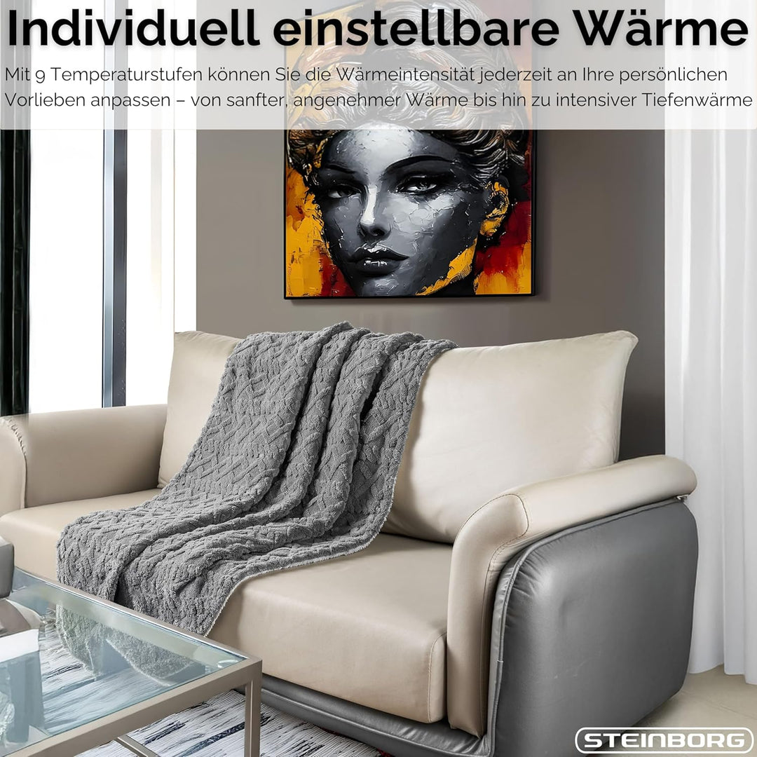 Steinborg® Heizdecke 180x130 cm mit Abschaltautomatik – Elektrische Kuscheldecke für Bett & Sofa, Wä