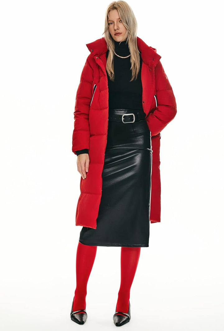 Orolay Damen Verdickte Daunenjacke Langer Wintermantel Mit Kapuze Pufferjacke Rot XL, Rot XL