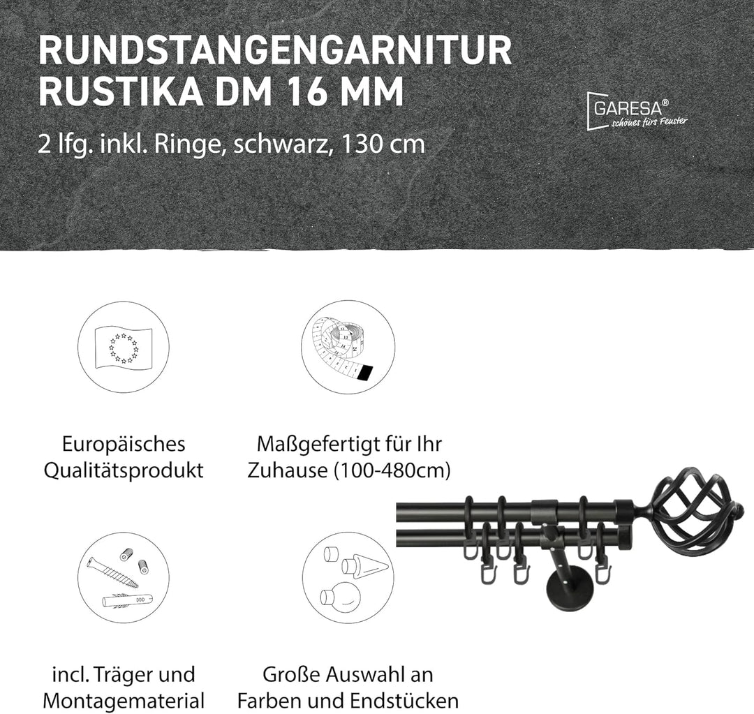 Garesa Gardinenstange Rustika Ø 16mm, 2-läufig, Schwarz I Rustikale Vorhangstange aus Metall inkl. R